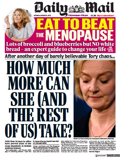 Daily Mail Newspaper Front Page (UK) for 15 October 2022