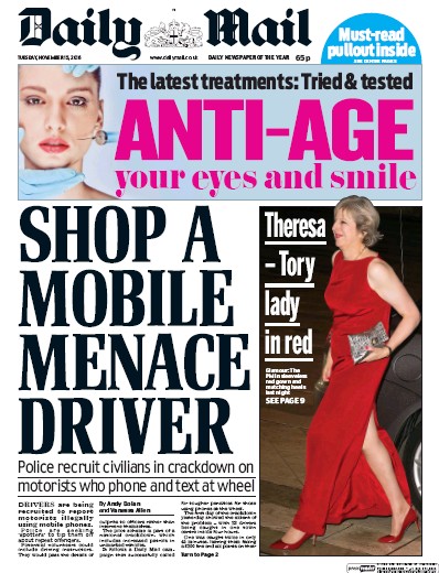 Daily Mail Newspaper Front Page (UK) for 15 November 2016