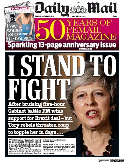 Daily Mail Newspaper Front Page (UK) for 15 November 2018