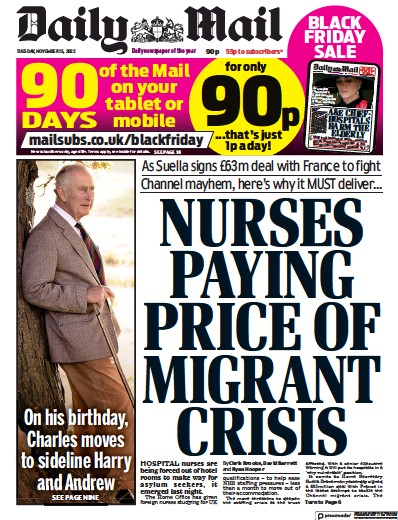 Daily Mail Newspaper Front Page (UK) for 15 November 2022