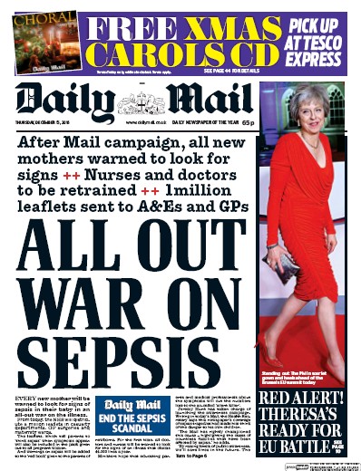 Daily Mail Newspaper Front Page (UK) for 15 December 2016