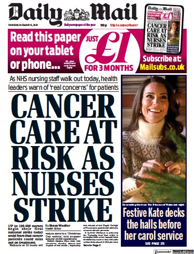 Daily Mail Newspaper Front Page (UK) for 15 December 2022