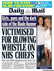 Daily Mail (UK) Newspaper Front Page for 15 February 2013