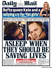 Daily Mail (UK) Newspaper Front Page for 15 February 2016