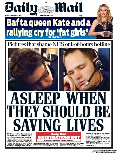 Daily Mail Newspaper Front Page (UK) for 15 February 2016