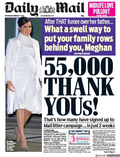 Daily Mail Newspaper Front Page (UK) for 15 February 2019