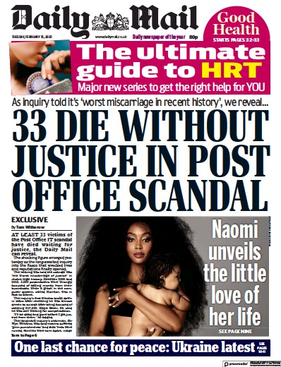 Daily Mail Newspaper Front Page (UK) for 15 February 2022