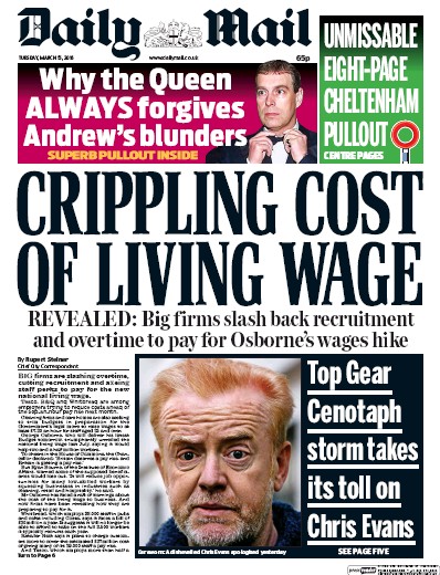 Daily Mail Newspaper Front Page (UK) for 15 March 2016