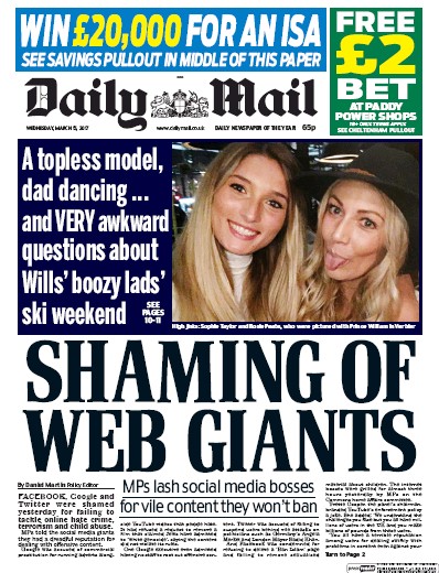 Daily Mail Newspaper Front Page (UK) for 15 March 2017
