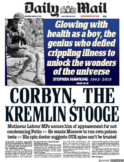 Daily Mail Newspaper Front Page (UK) for 15 March 2018