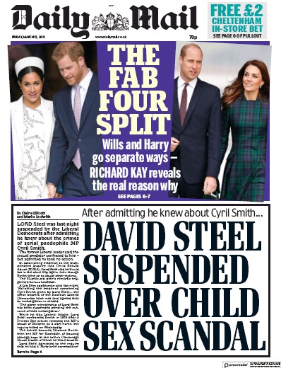 Daily Mail Newspaper Front Page (UK) for 15 March 2019