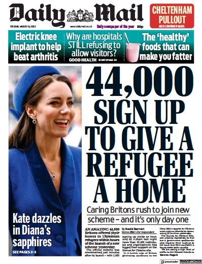 Daily Mail Newspaper Front Page (UK) for 15 March 2022