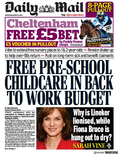 Daily Mail Newspaper Front Page (UK) for 15 March 2023