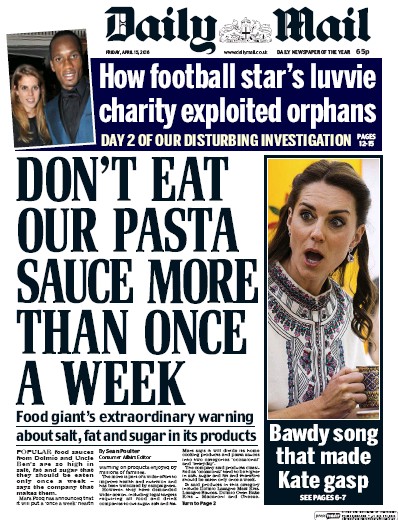 Daily Mail Newspaper Front Page (UK) for 15 April 2016