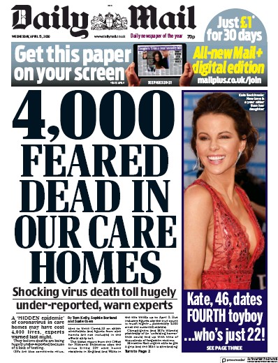 Daily Mail Newspaper Front Page (UK) for 15 April 2020
