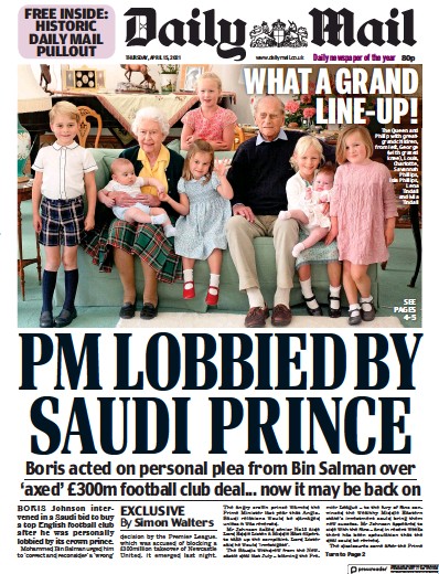 Daily Mail Newspaper Front Page (UK) for 15 April 2021