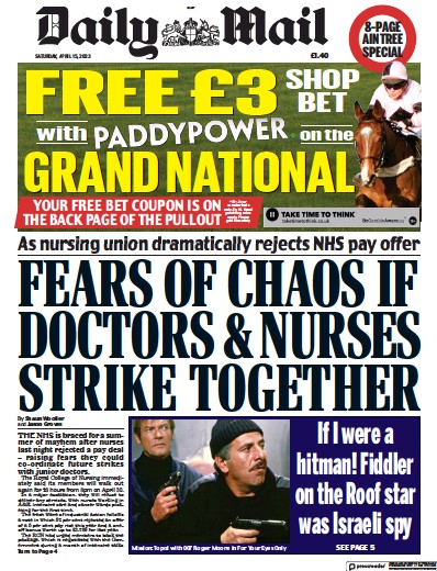 Daily Mail Newspaper Front Page (UK) for 15 April 2023