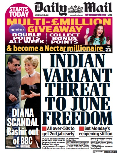 Daily Mail Newspaper Front Page (UK) for 15 May 2021