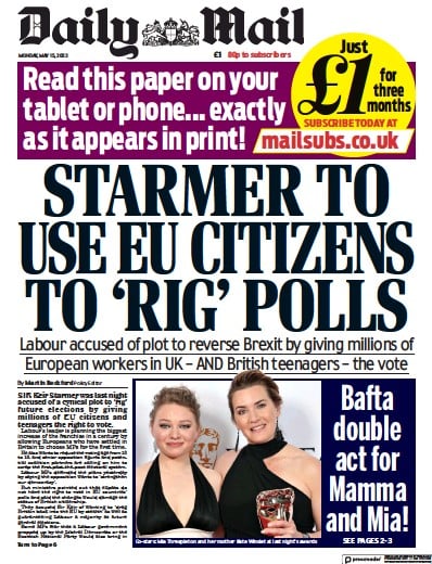 Daily Mail Newspaper Front Page (UK) for 15 May 2023