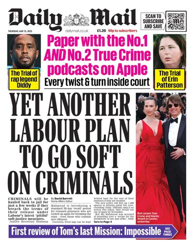 Daily Mail Newspaper Front Page (UK) for 15 May 2025