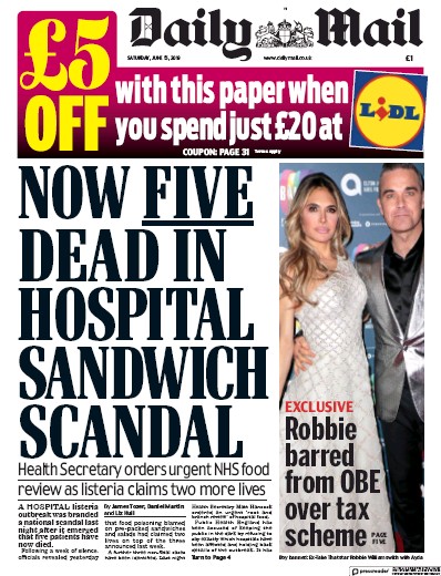 Daily Mail Newspaper Front Page (UK) for 15 June 2019