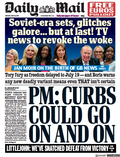 Daily Mail Newspaper Front Page (UK) for 15 June 2021