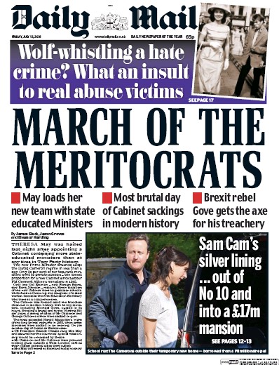Daily Mail Newspaper Front Page (UK) for 15 July 2016