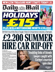 Daily Mail (UK) Newspaper Front Page for 15 July 2017
