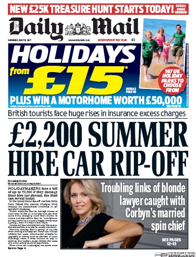 Daily Mail Newspaper Front Page (UK) for 15 July 2017