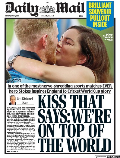 Daily Mail Newspaper Front Page (UK) for 15 July 2019