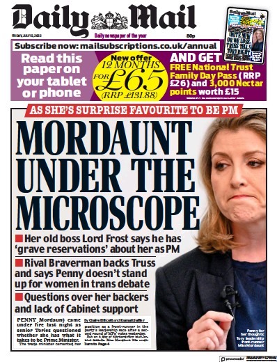 Daily Mail Newspaper Front Page (UK) for 15 July 2022