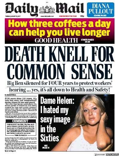 Daily Mail Newspaper Front Page (UK) for 15 August 2017