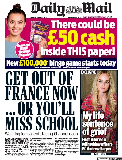 Daily Mail Newspaper Front Page (UK) for 15 August 2020