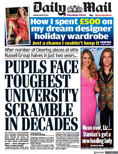 Daily Mail Newspaper Front Page (UK) for 15 August 2022