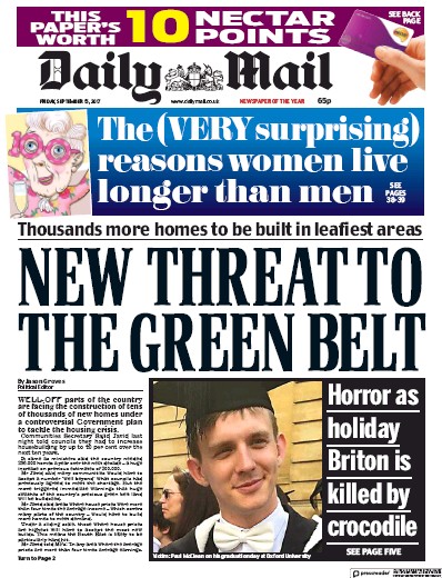 Daily Mail Newspaper Front Page (UK) for 15 September 2017