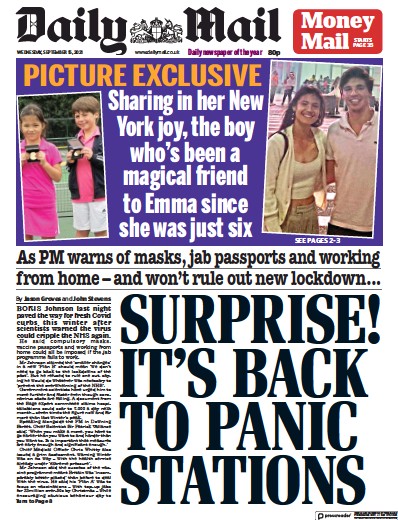 Daily Mail Newspaper Front Page (UK) for 15 September 2021