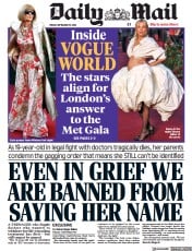 Daily Mail front page for 15 September 2023