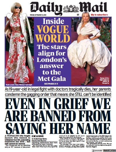 Daily Mail Newspaper Front Page (UK) for 15 September 2023