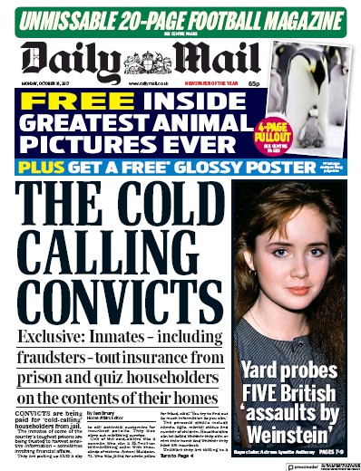 Daily Mail Newspaper Front Page (UK) for 16 October 2017