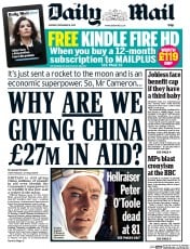 Daily Mail (UK) Newspaper Front Page for 16 December 2013