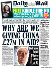 Daily Mail Newspaper Front Page (UK) for 16 December 2013