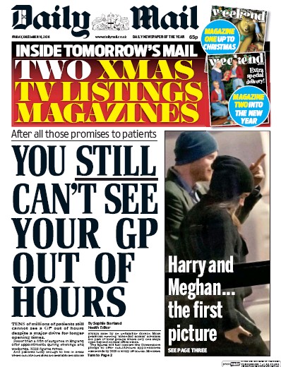 Daily Mail Newspaper Front Page (UK) for 16 December 2016