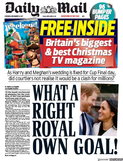 Daily Mail Newspaper Front Page (UK) for 16 December 2017