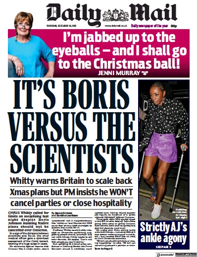 Daily Mail Newspaper Front Page (UK) for 16 December 2021