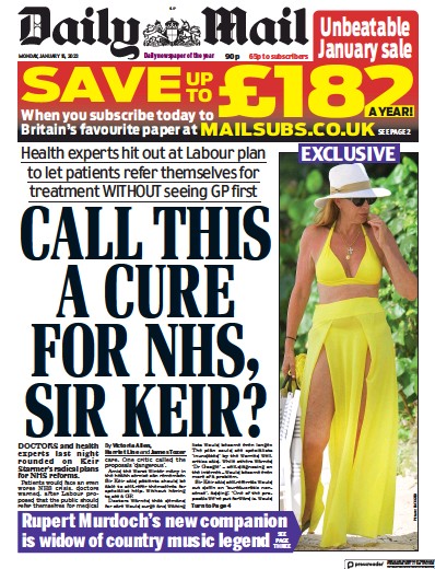 Daily Mail Newspaper Front Page (UK) for 16 January 2023