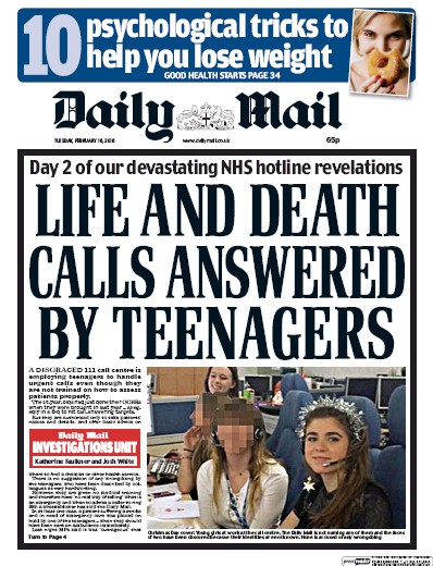 Daily Mail Newspaper Front Page (UK) for 16 February 2016