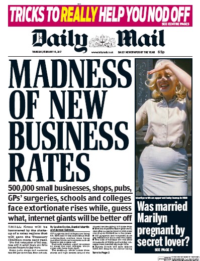 Daily Mail Newspaper Front Page (UK) for 16 February 2017