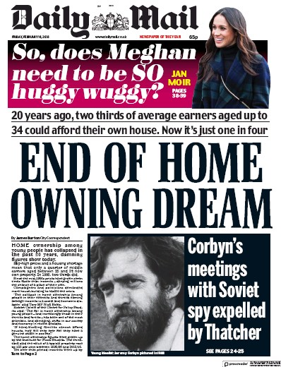 Daily Mail Newspaper Front Page (UK) for 16 February 2018