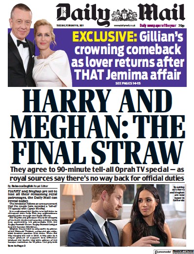 Daily Mail Newspaper Front Page (UK) for 16 February 2021