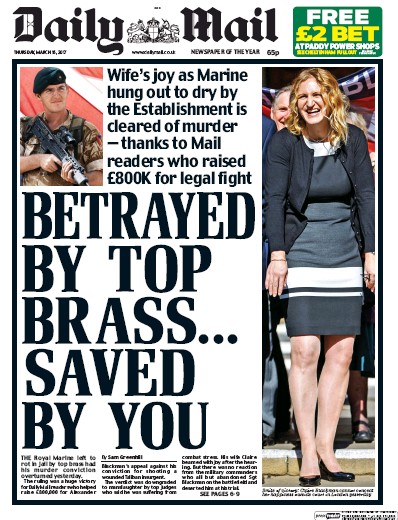 Daily Mail Newspaper Front Page (UK) for 16 March 2017